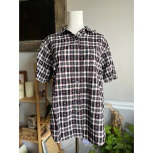 Vintage 90s Short Sleeve Button Down Plaid Hearts Cotton Shirt Size Large